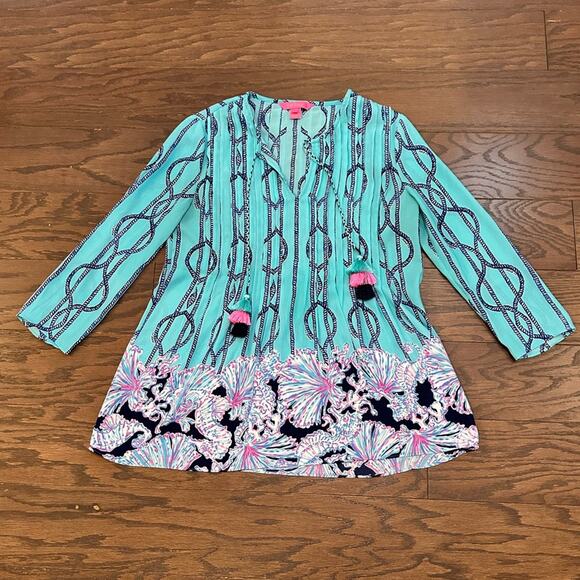 Lilly Pulitzer Tops - Lilly Pulitzer Marilina Tunic - Light Aqua Frayed Knot Blouse Size XXS